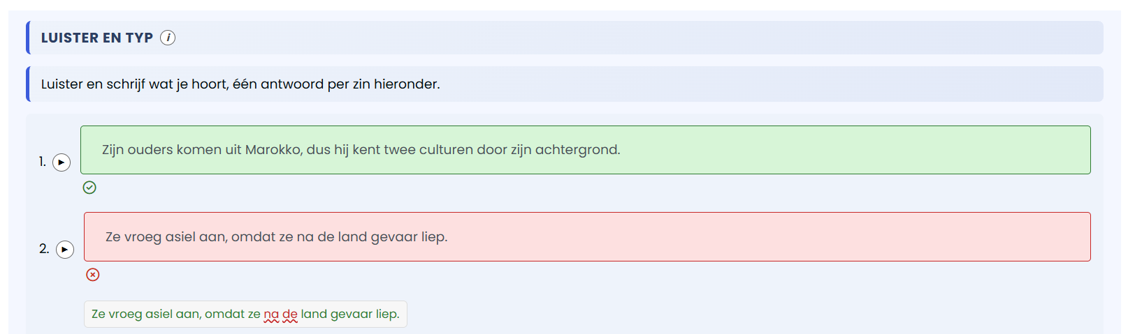 Real screenshot of a Listen and Write exercise