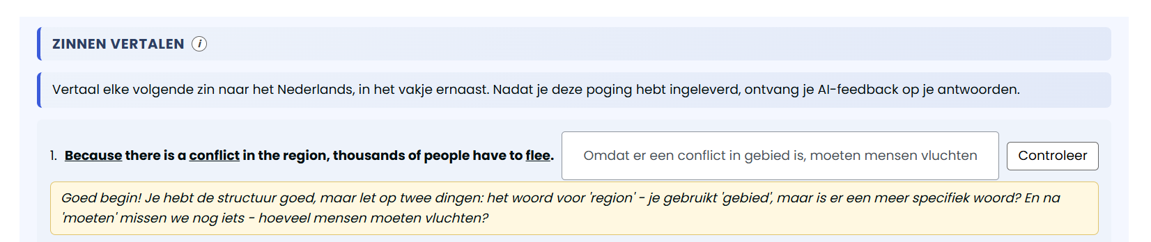 Real screenshot of instant AI feedback on a translation