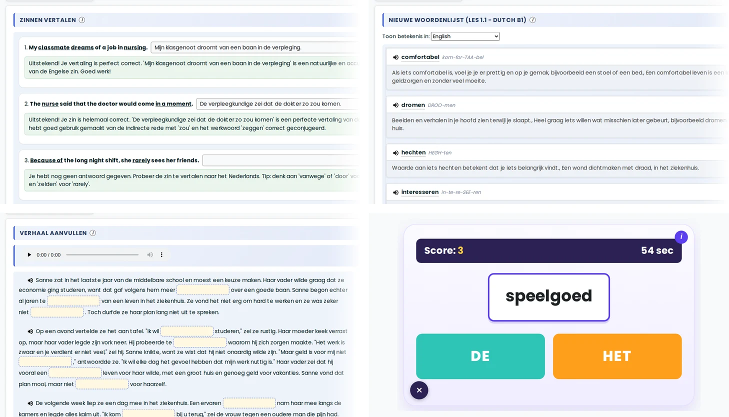 Examples from a lesson: sentence translation with AI feedback, word list, a story with audio and the de/het game