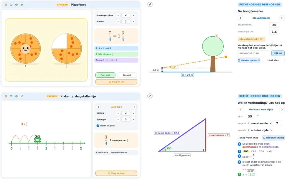 Four examples of interactive applets: pizza fractions, clinometer, number line and SOH-CAH-TOA